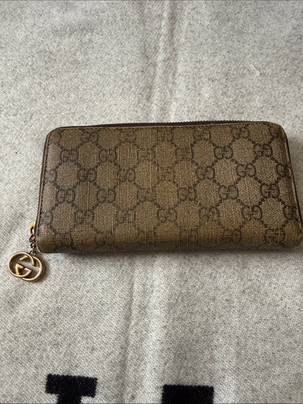 Gucci Tan GG Monogram Zip-Around Wallet with Gold-Tone Logo Charm
